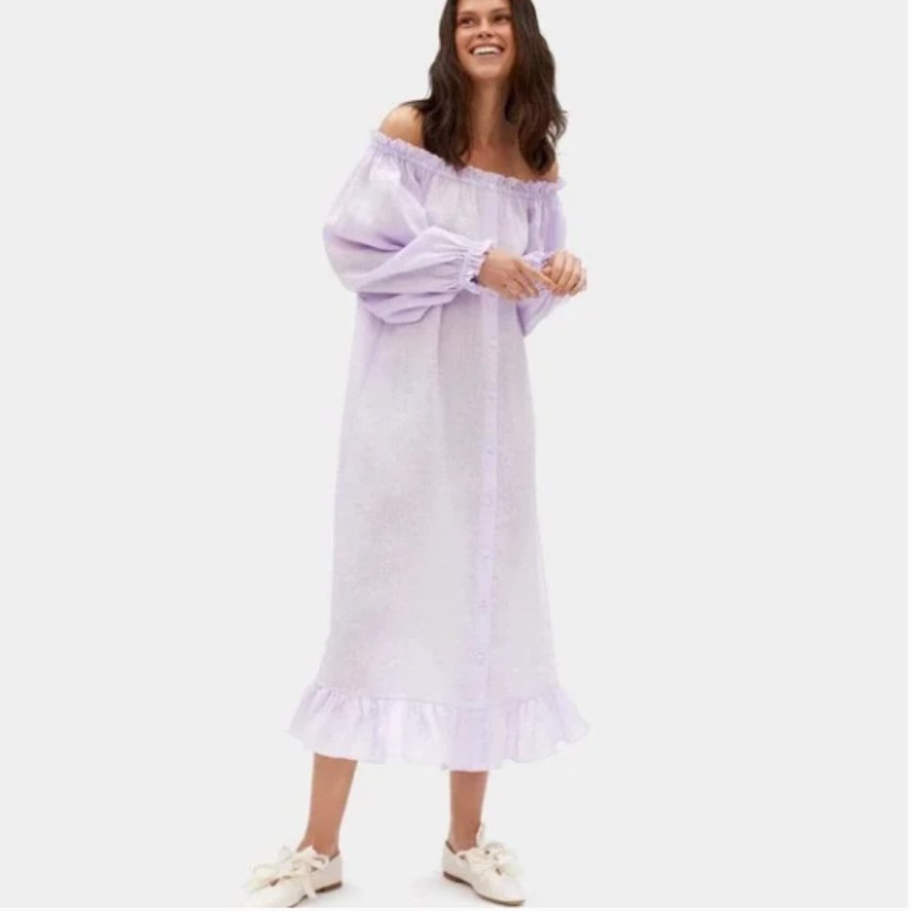 NWT Sleeper Loungewear Off The Shoulder Linen Maxi Dress Lavender $250 One Size